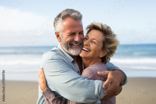 Happy retired couple hugging on beach