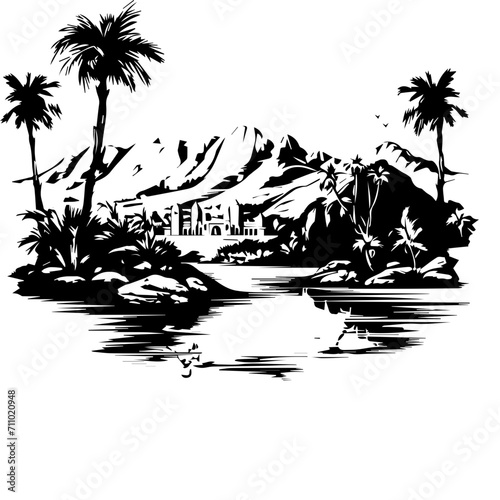 tropical island with palm trees - black and white