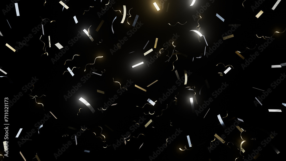 3D illustration of golden flickering confetti party popper falling on black background 3D illustration of golden flickering confetti party popper falling on black background
