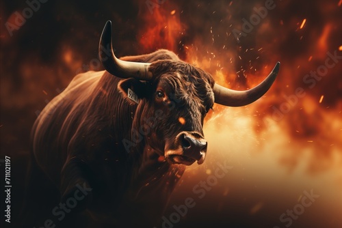 Vibrant close-up of fiery bull in action on illuminated crypto trading concept