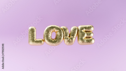 3D illustration of LOVE letters in the form of inflated balloons hanging in the air with golden foil material on light pink background