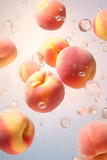 Ripe peaches in mid-air with sparkling water droplets, bathed in a warm, soft light that enhances their succulent texture, on a light pink background.
