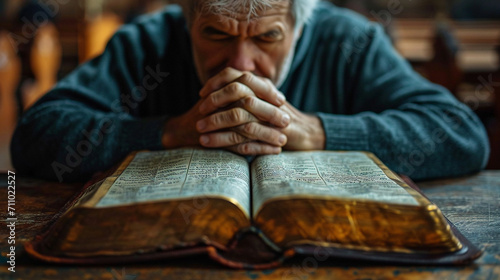Mature man praying in front of bible photo