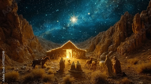 The birth of Jesus Christ in Bethlehem, a starry night and a manger visible in the distance