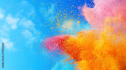 Clouds of colorful powder against bright blue sky, symbolizing joy and celebration. Indian Festival of Colors Holi photo