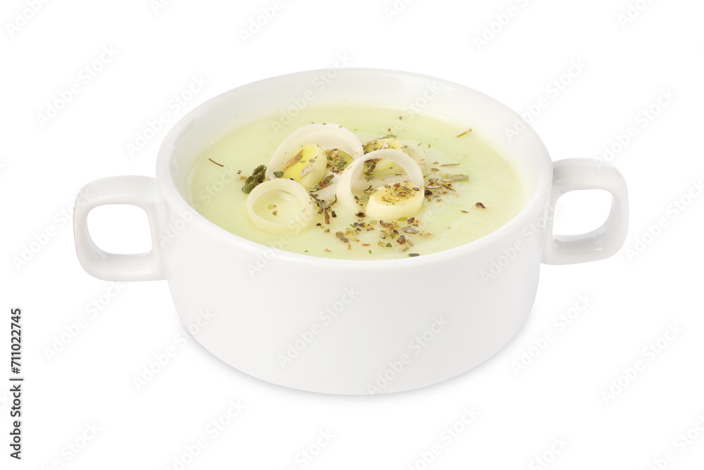 Delicious cream soup with leek and spices in bowl isolated on white Delicious cream soup with leek and spices in bowl isolated on white