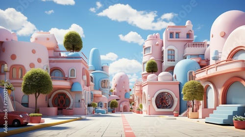 A whimsical cartoon city street with colorful houses and blue sky photo