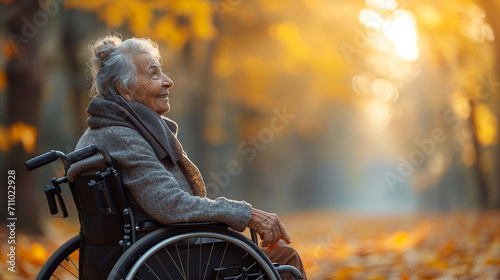 elderly woman in a wheelchair in an autumn garden