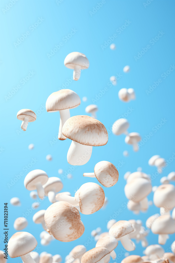 Obraz premium An array of champignon mushrooms varying in size floating elegantly in the sky, resembling fluffy white clouds on a clear blue day. 
