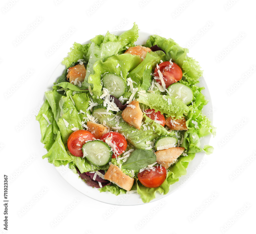 Delicious salad with chicken, cheese and vegetables in bowl isolated on white, top view Delicious salad with chicken, cheese and vegetables in bowl isolated on white, top view