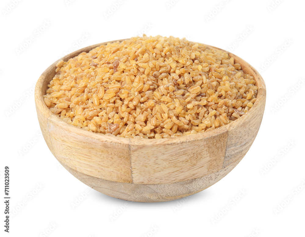 Raw bulgur in bowl isolated on white Raw bulgur in bowl isolated on white