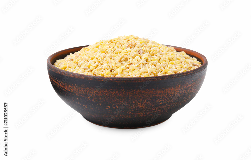 Raw bulgur in bowl isolated on white