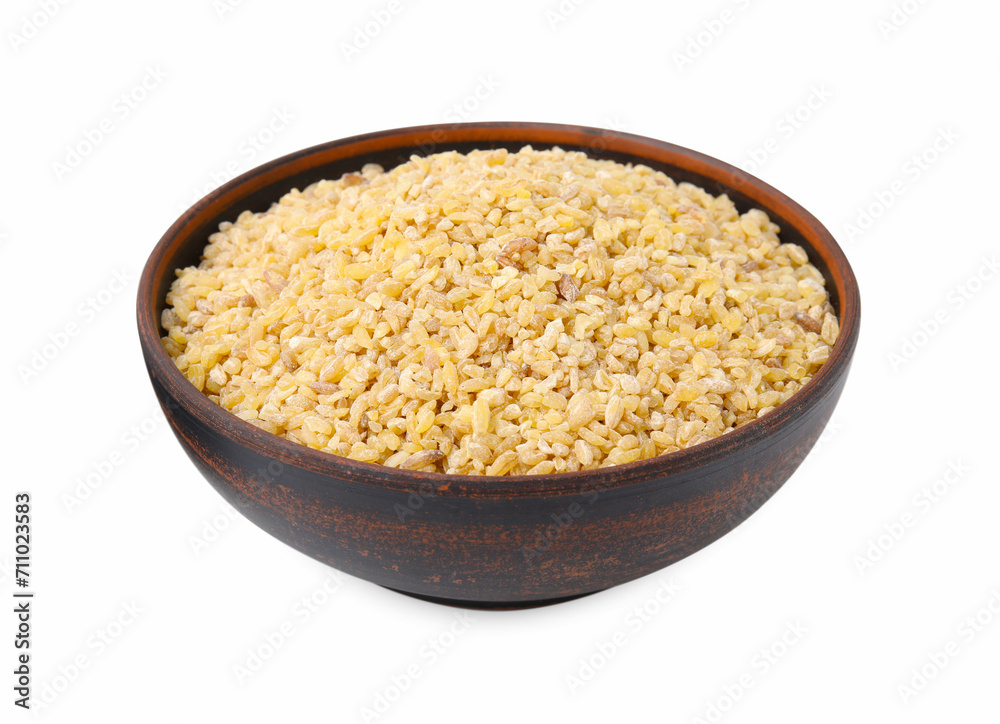 Raw bulgur in bowl isolated on white Raw bulgur in bowl isolated on white