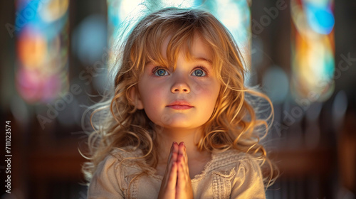 Little beautiful girl prays in the church © Daniel