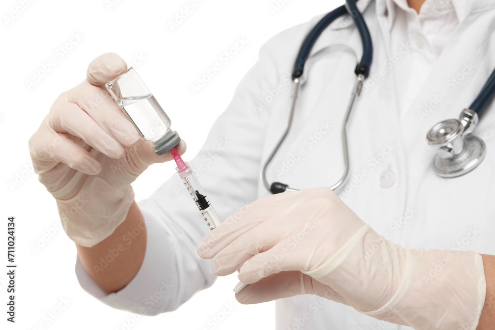 Doctor filling syringe with medication from glass vial on white background, closeup Doctor filling syringe with medication from glass vial on white background, closeup