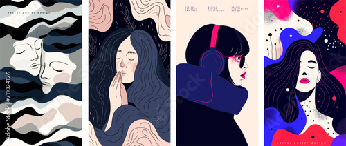 Set of four abstract vector posters featuring stylized female portraits with vibrant elements, showcasing modern, artistic expression and evoking various emotions.