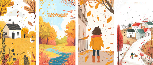 A set of four vector illustrations capturing the essence of autumn in a quaint village, with fall foliage, a cozy home, a person and a dog enjoying the season.