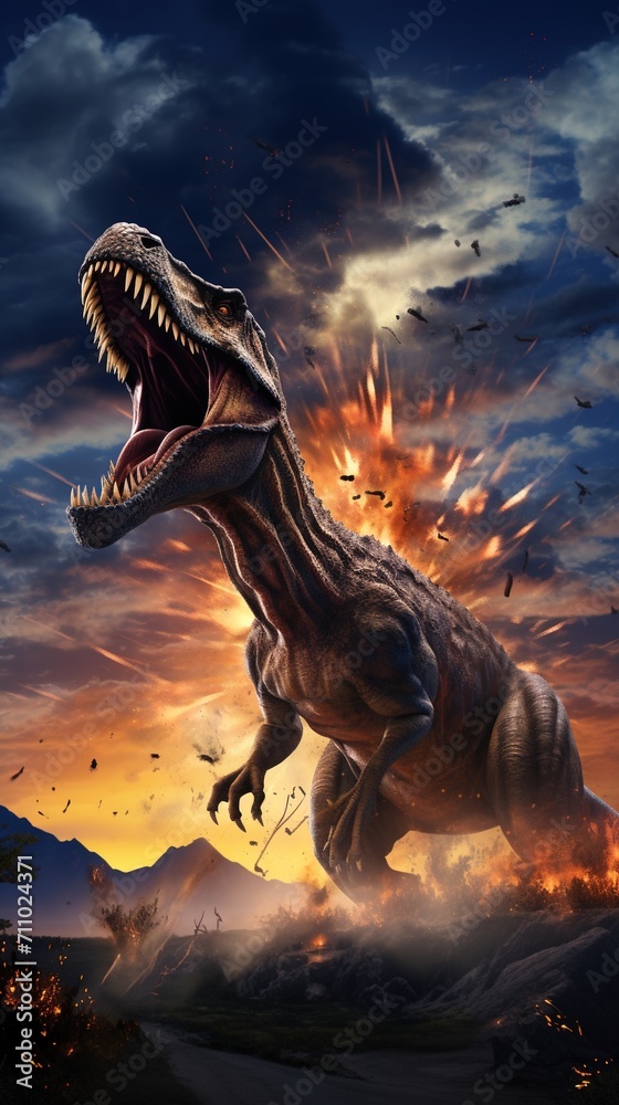 Tyrannosaurus Rex Dinosaur Roaring In Prehistoric Landscape