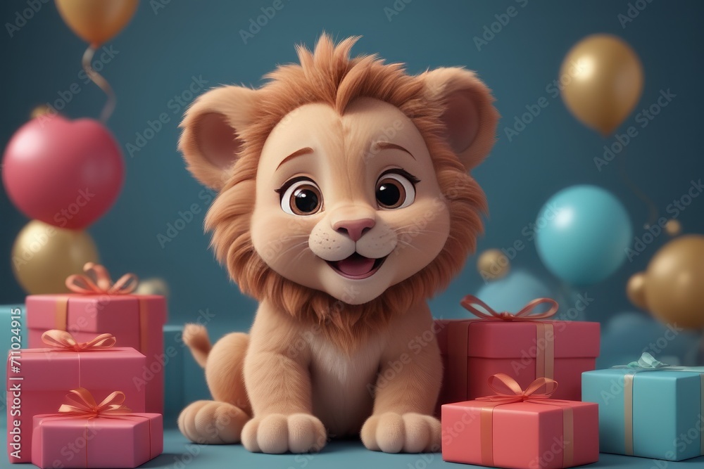 3D cartoon illustration of a happy lion baby with charming gift boxes.Birthday greeting card concept.