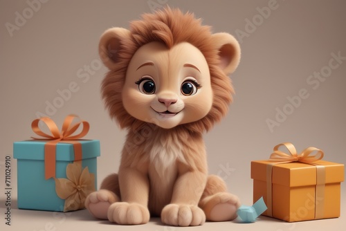 Birthday card concept with a cartoon lion baby and gifts. © JuLady_studio