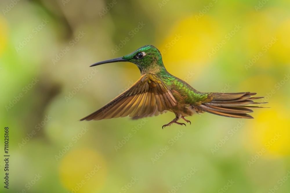 Fototapeta premium Fawn-breasted Brilliant Hummingbird in flight, 4K resolution, best Ecuador humminbirds