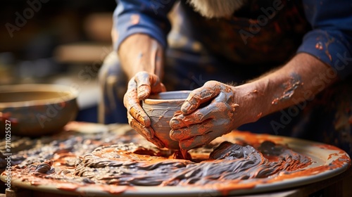 Hands of a potter shaping a clay bowl on a pottery wheel photo