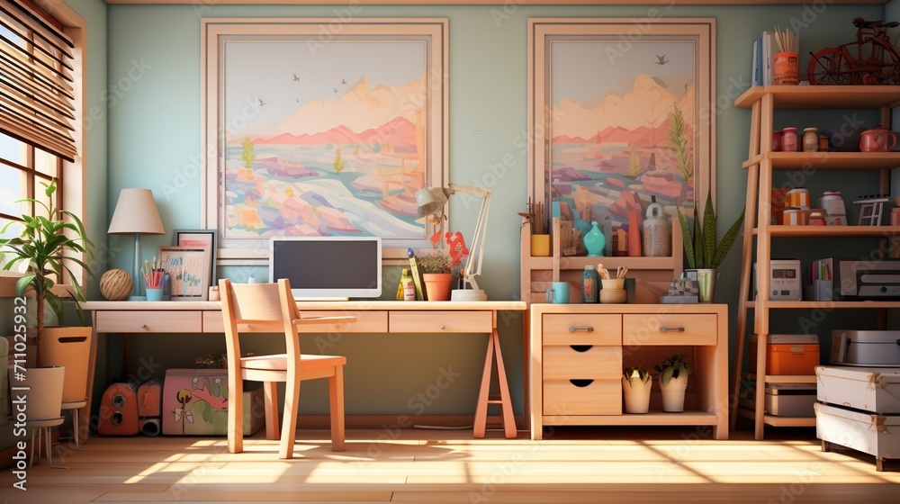 Cozy home office with natural light and mountain landscape paintings Cozy home office with natural light and mountain landscape paintings