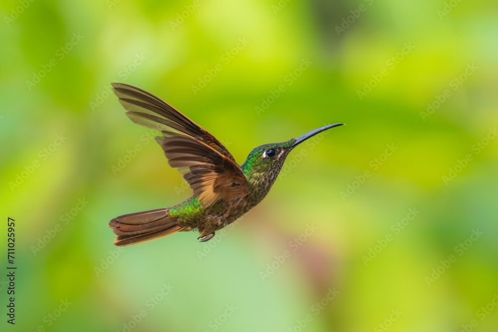 Fototapeta premium Fawn-breasted Brilliant Hummingbird in flight, 4K resolution, best Ecuador humminbirds