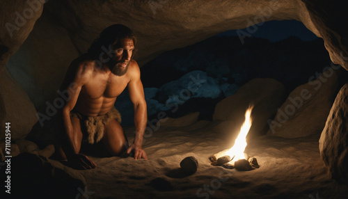 Ancient Neanderthal with Torch Exploring Cave at Night for Shelter photo