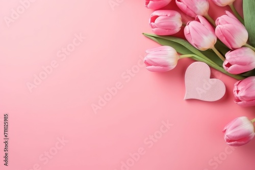 Pink tulips and wooden hearts on a pink background with copy space. Greeting card for valentine's day or mother's day, love concept © Оксана Олейник