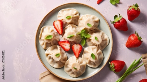 Sweet dumplings with strawberries in a plate. Concept: food made from dough is steamed. Calorie-rich dessert. Banner with copy space 