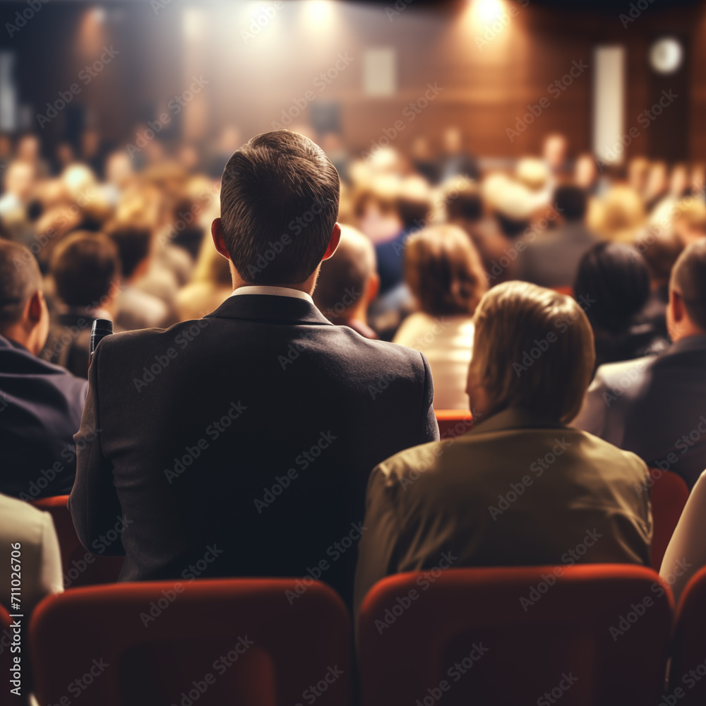 Dynamic Business Presentation: Blurred Speaker at Corporate Meeting - Rear View
