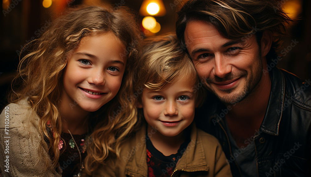 Smiling family embraces happiness in winter celebration generated by AI