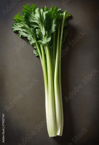 New  well-formed celery on a weathered kitchen surface.