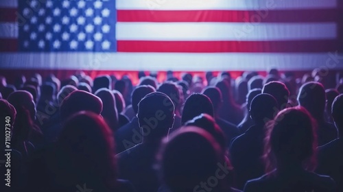 Crowd of people against the background of the American flag, presidential elections