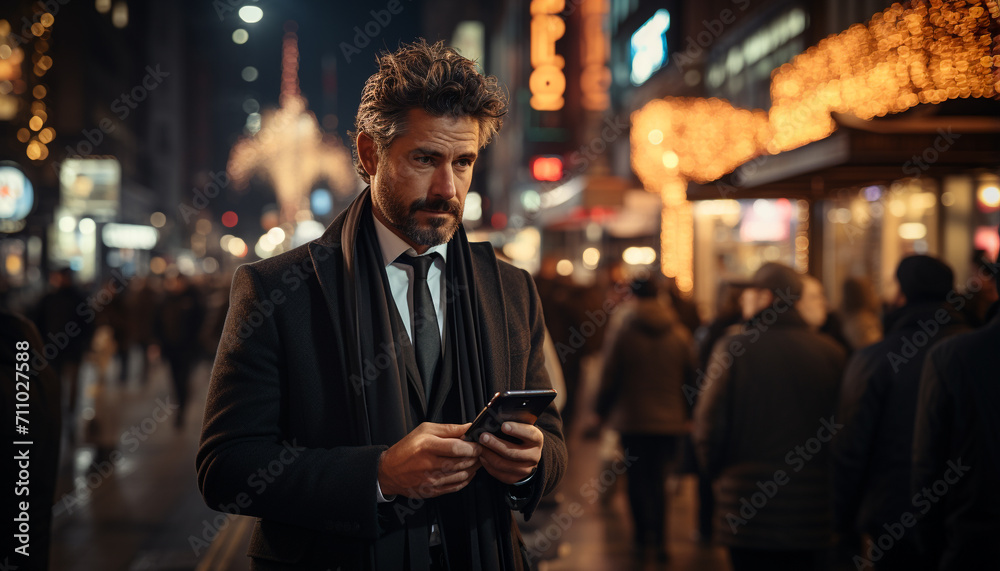 Young businessman walking at night, texting on smartphone generated by AI