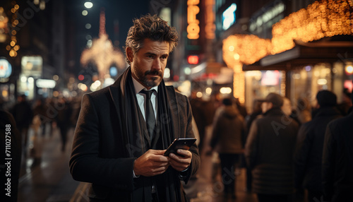 Young businessman walking at night, texting on smartphone generated by AI