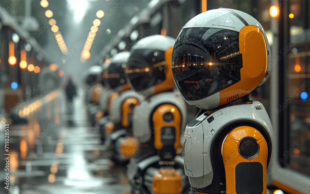 Row of Orange and White Robots Lined Up. A group of orange and white robots arranged in a straight line.