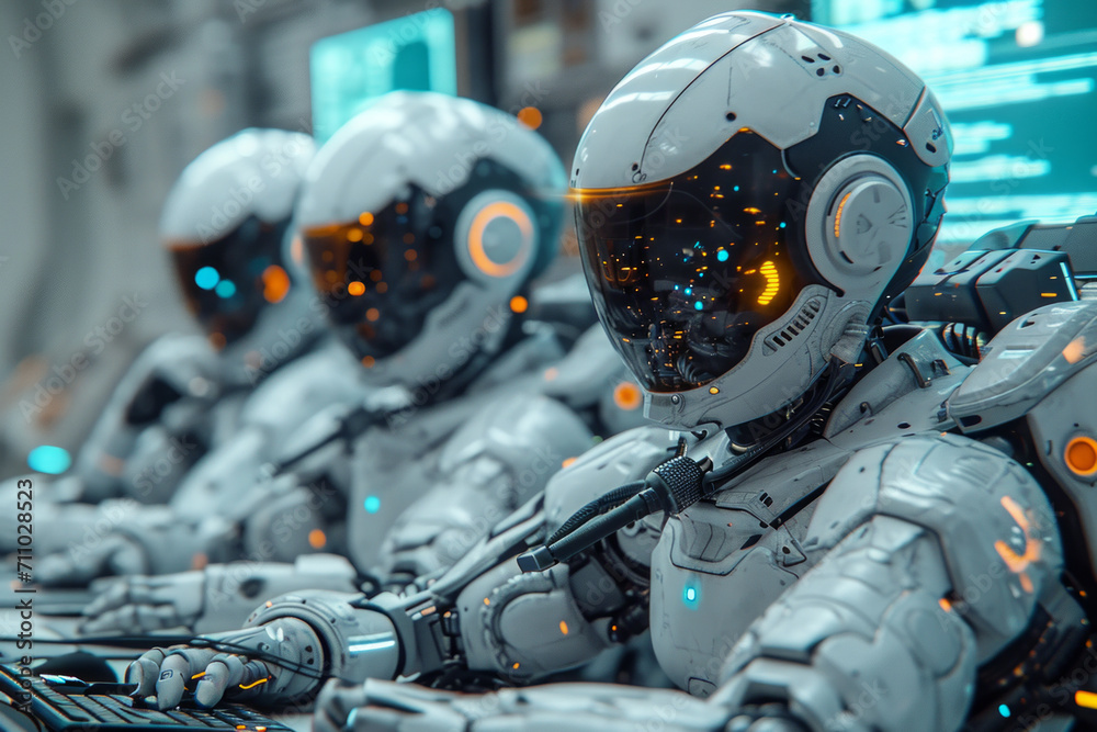 Group of Robots Sitting in Front of Computers. A collection of robots seated in front of computer screens, engaged in various tasks. Group of Robots Sitting in Front of Computers. A collection of robots seated in front of computer screens, engaged in various tasks.