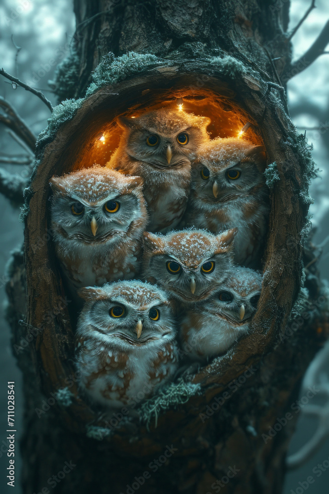 Group of Owls Sitting Inside of Hollow. A captivating image of several owls perched inside a cozy hollow