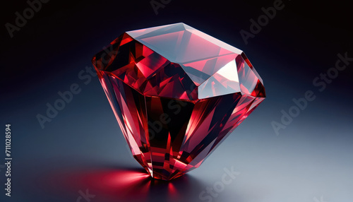 Single large red crystal in the color theme of Cherry Lacquer with gleaming facets on dark to light gradient backdrop.For promoting jewelry or luxury goods.Educational materials for mineralogy geology
