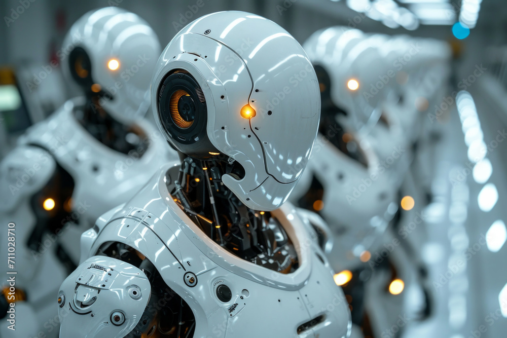 Group of Robots Standing in a Room. A collection of robots lined up in a room, ready for action. Group of Robots Standing in a Room. A collection of robots lined up in a room, ready for action.