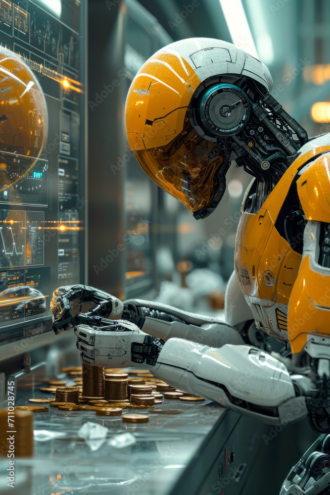 Robot Standing in Front of Monitor. A robot is seen standing in front of a monitor screen. Robot Standing in Front of Monitor. A robot is seen standing in front of a monitor screen.