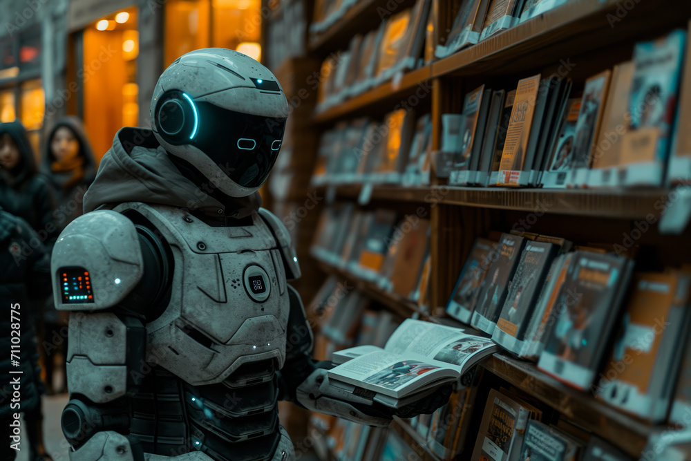 Man in Futuristic Suit Examining Book in Thoughtful Pose. A man wearing a forward-thinking suit attentively analyzes the contents of a book. Man in Futuristic Suit Examining Book in Thoughtful Pose. A man wearing a forward-thinking suit attentively analyzes the contents of a book.