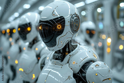 Group of White Robot Suits Standing Together. A collection of white robot suits standing side by side in a row. © Анна Терелюк
