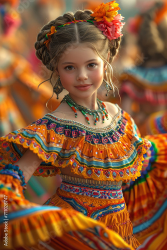 Young Girl Wearing Colorful Dress With Flower in Hair. A young girl looks vibrant and joyful in her colorful dress, with a cute flower tucked in her hair.