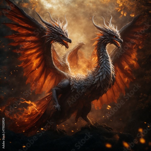  an ethereal creature inspired by mythological beings, blending elements of a majestic dragon and a graceful phoenix for a magical and captivating image