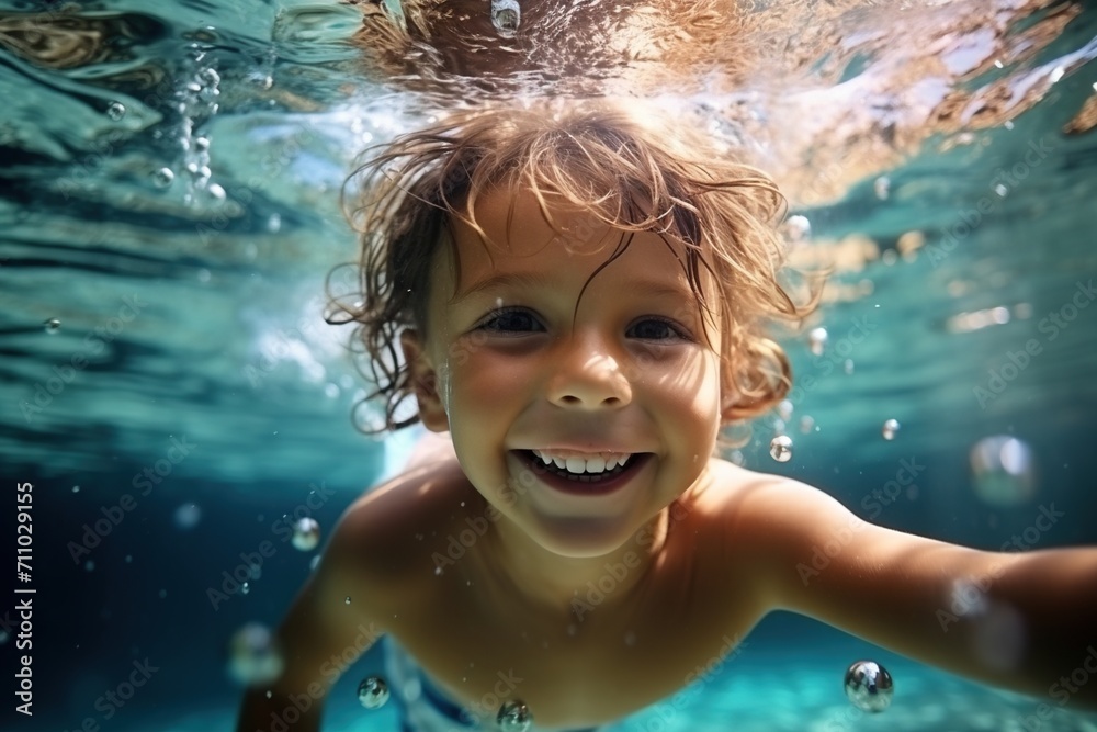 Ecstatic Kid Having Fun Swimming Underwater