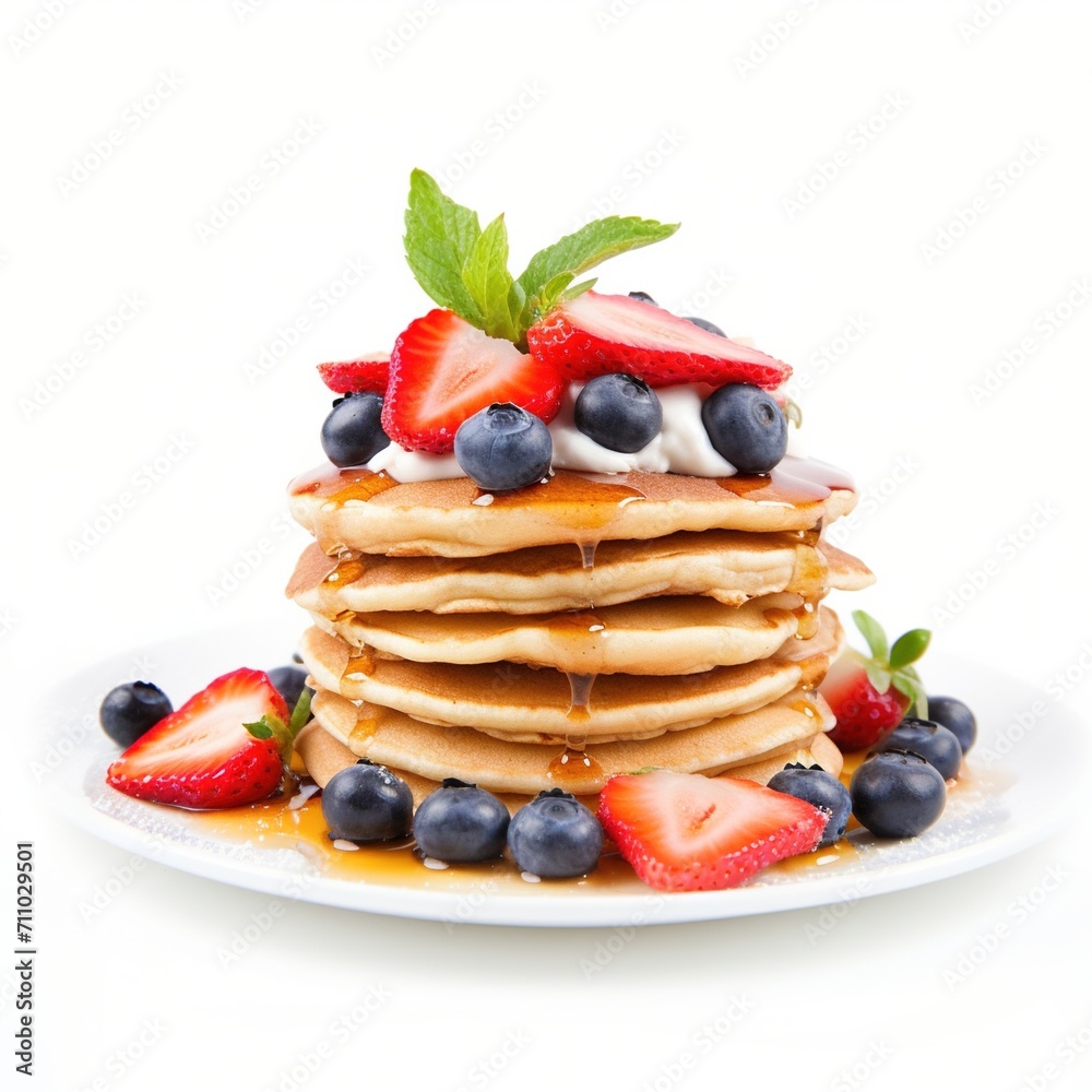 A stack of pancakes with strawberries, blueberries, and whipped cream A stack of pancakes with strawberries, blueberries, and whipped cream