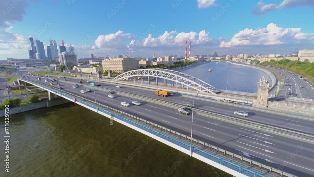Transport traffic on Berezhkovsky bridge at summer 